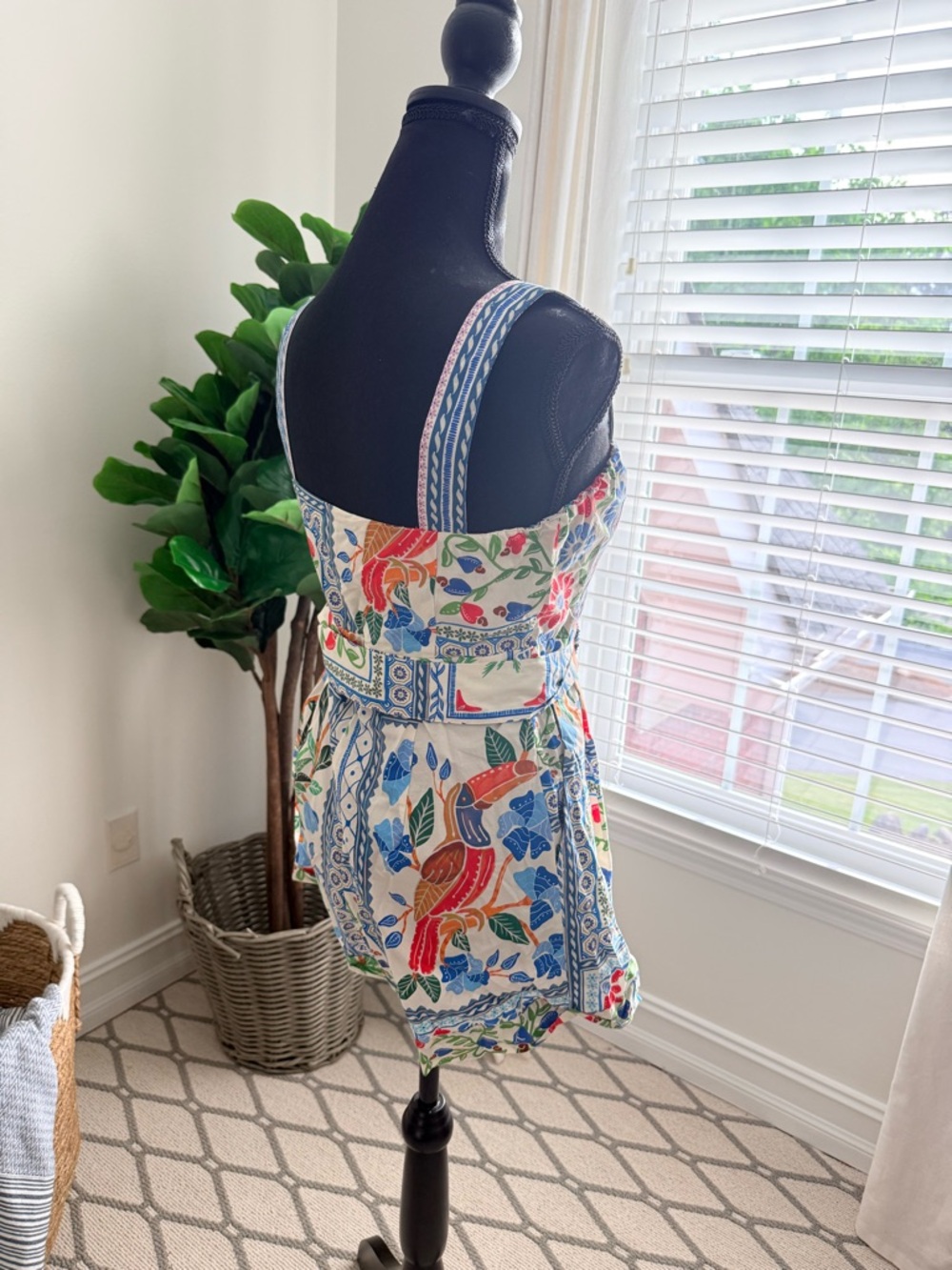FARM Rio Anthropologie Tropical Parrot Romper with Belt Green & Blue Leaf Print - Picture 4 of 8